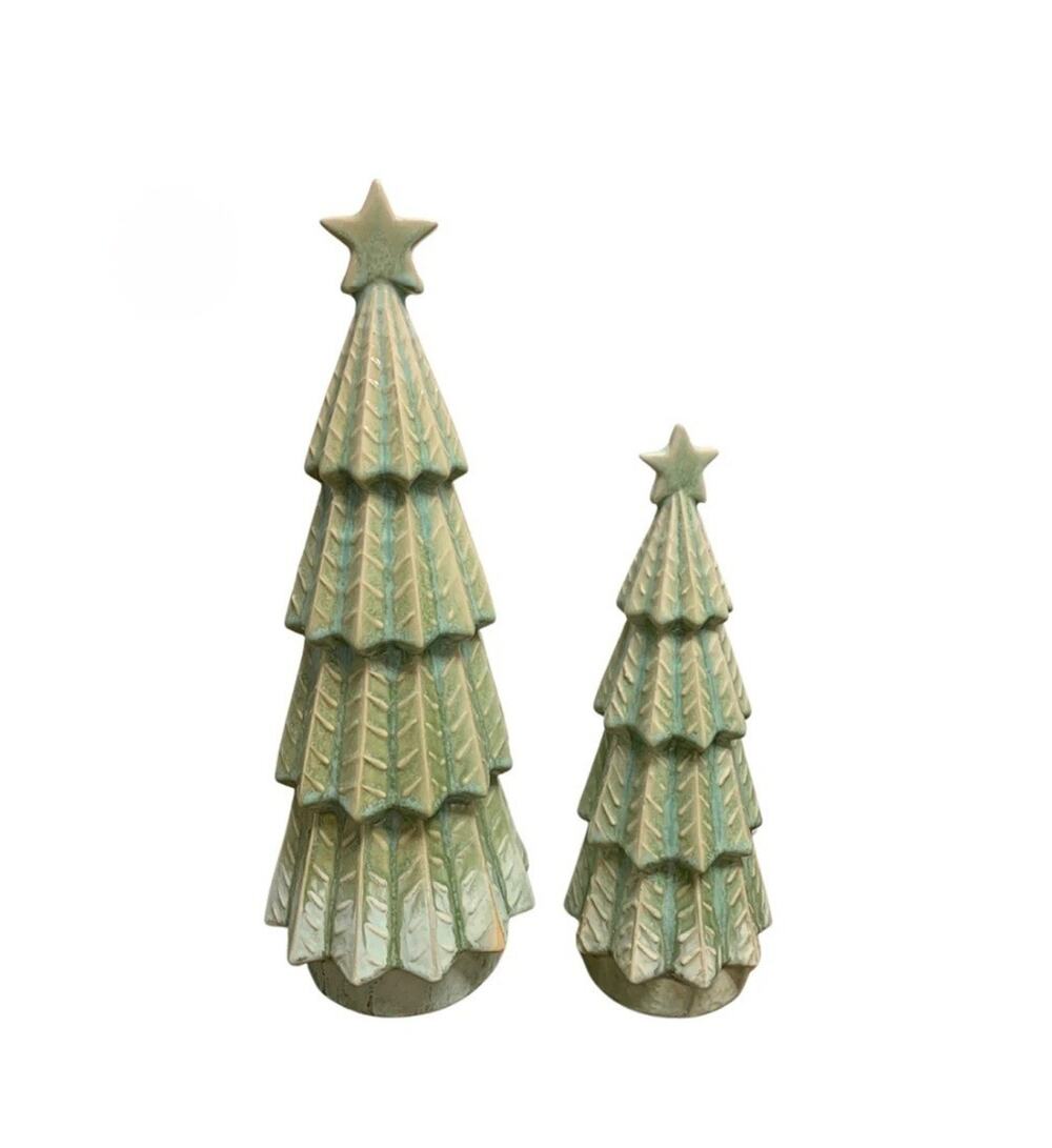 NEW Ceramic Green Star Christmas Tree Set Of 2, 14" & 11" Holiday Tabletop Decor